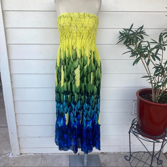 Vintage 90s Ombré Rainbow Strapless Maxi Dress Stretch Beach Sun Large T… - Picture 2 of 3
